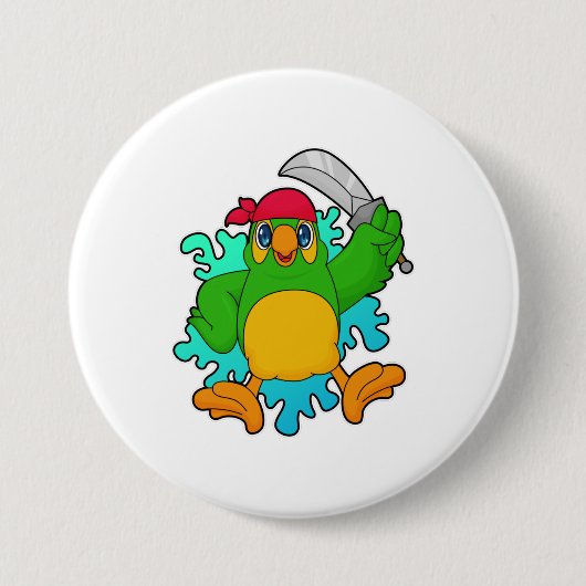 Badge Rond 7,6 Cm Le perroquet comme pirate avec épée (Devant)