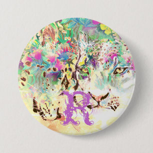 Badge Rond 7,6 Cm Léopard des neiges fleurs tropicales animal hawa
