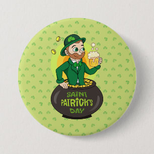 Badge Rond 7,6 Cm Leprechaun de dessin dans une casserole d'or tenan