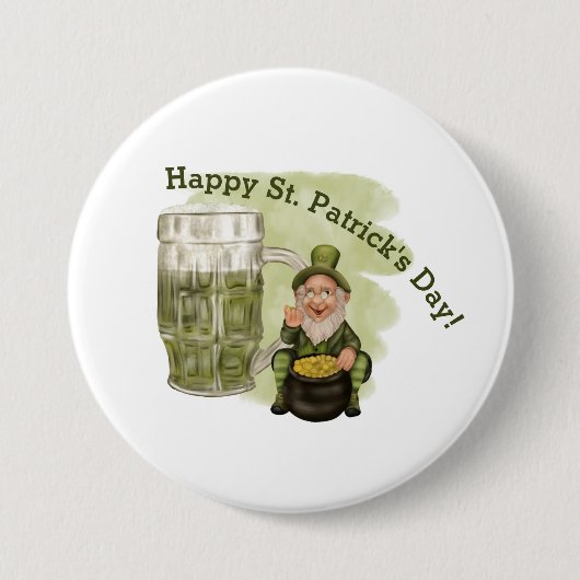 Badge Rond 7,6 Cm Leprechaun et Green Beer St. Patrick's Day (Devant)