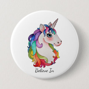 Badge Rond 7,6 Cm Licorne d'aquarelle avec des cheveux d'arc-en-ciel