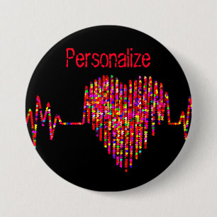 Badge Rond 7,6 Cm Ligne ECG cœur médical noir rouge