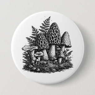Badge Rond 7,6 Cm Linogravure de champignons forestiers vintage