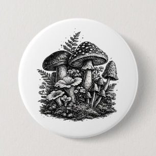 Badge Rond 7,6 Cm Linogravure de champignons forestiers vintage