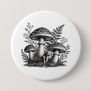 Badge Rond 7,6 Cm Linogravure vintage de champignons de forêt