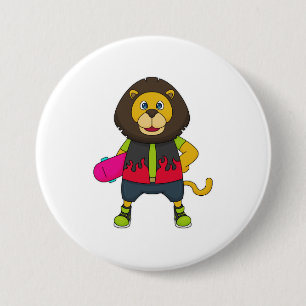 Badge Rond 7,6 Cm Lion as skater with skateboard