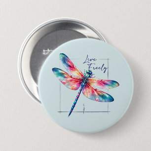 Badge Rond 7,6 Cm Live Freely - Dragonfly artistique