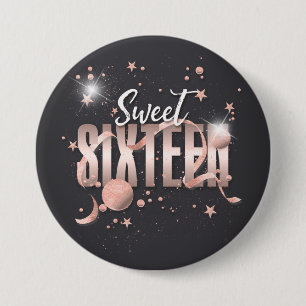Badge Rond 7,6 Cm Lune et étoiles Sweet 16 Rose Gold/Blk ID788