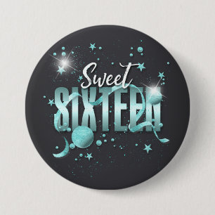 Badge Rond 7,6 Cm Lune et étoiles Sweet 16 Turquoise/noir ID788