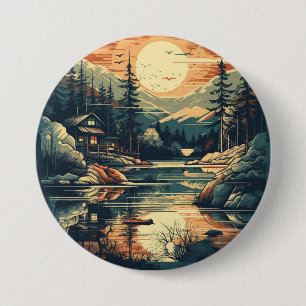 Badge Rond 7,6 Cm Maison de montagne d'art rétro scandinave