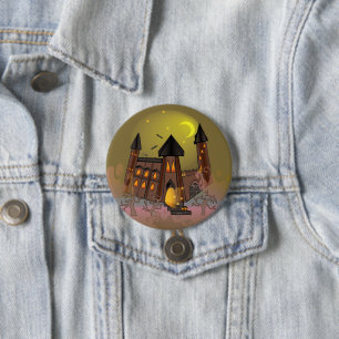 Badge Rond 7,6 Cm Maison de sorcière éffrayante Halloween et château