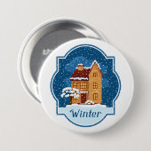 Badge Rond 7,6 Cm Maison D'Hiver Dans La Neige (Devant & derrière)