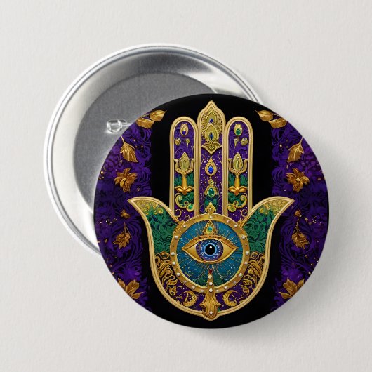 Badge Rond 7,6 Cm Mardi Gras Gold violet vert Hamsas Art (Devant & derrière)