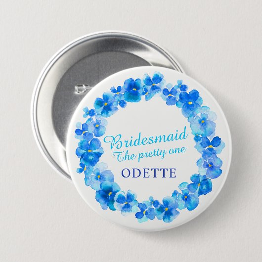 Badge Rond 7,6 Cm Mariage bridesmaid pansy bleu fleur nom personnali (Devant & derrière)