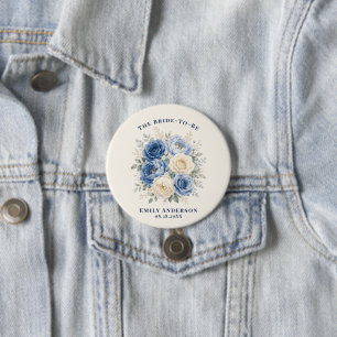 Badge Rond 7,6 Cm Mariage élégant aux roses florales bleues et crème