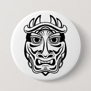 Badge Rond 7,6 Cm Masque Oni japonais Art linéaire tribal démon