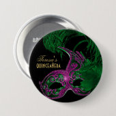 Badge Rond 7,6 Cm Masquerade quinceañera anniversaire vert, masque r (Devant & derrière)