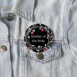 Badge Rond 7,6 Cm Mère de la mariée Black White Rose Floral Wreath