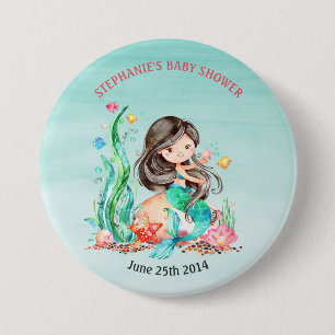 Badge Rond 7,6 Cm Mignonne sirène d'aquarelle sous le Baby shower ma