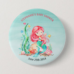 Badge Rond 7,6 Cm Mignonne sirène d'aquarelle sous le Baby shower ma