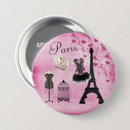 Badge Rond 7,6 Cm Mode Tour Eiffel rose chic (Devant & derrière)