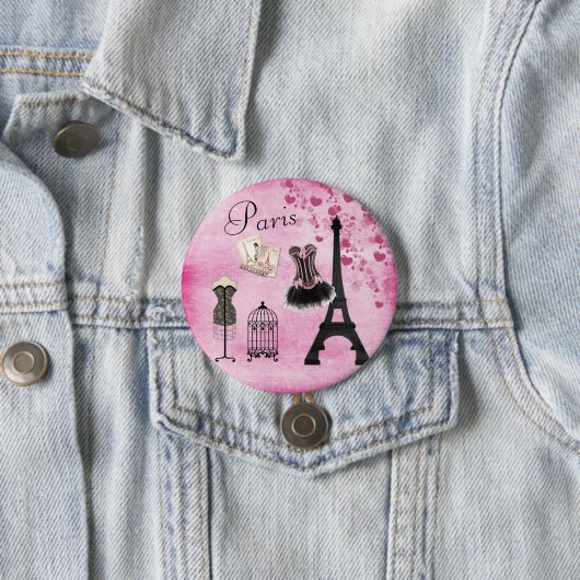 Badge Rond 7,6 Cm Mode Tour Eiffel rose chic (En situation)