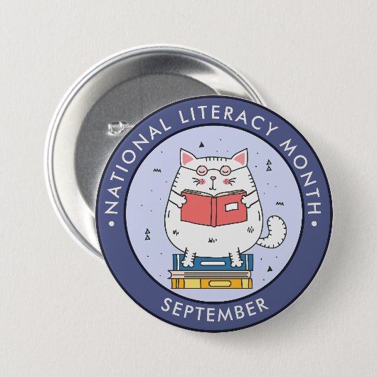 Badge Rond 7,6 Cm Mois national de l'alphabétisation, lecture chat b (Devant & derrière)