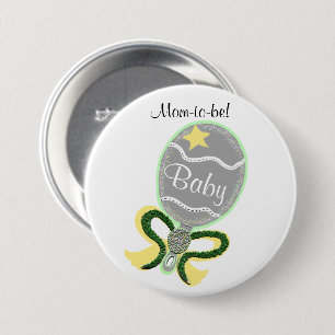 Badge Rond 7,6 Cm Mom-To-Be Yellow Star Green Bow Baby Rattle Shower