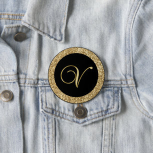 Badge Rond 7,6 Cm Monogram V, élégant script doré