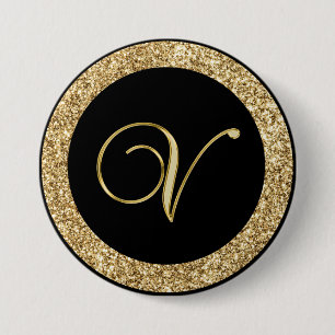 Badge Rond 7,6 Cm Monogram V, élégant script doré
