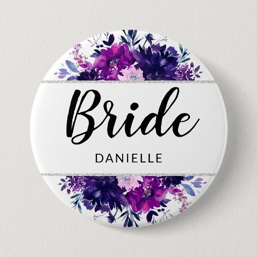 Badge Rond 7,6 Cm Monogramme de mariée en cadre violet floral enchâs (Devant)