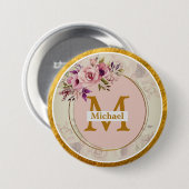 Badge Rond 7,6 Cm Monogramme doré floral élégant | Nom & Initiale (Devant & derrière)