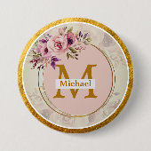 Badge Rond 7,6 Cm Monogramme doré floral élégant | Nom & Initiale (Devant)