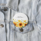 Badge Rond 7,6 Cm Monogramme Fleur Jaune Tournesol Floral Botanique (En situation)