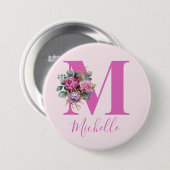Badge Rond 7,6 Cm Monogramme Initial Nom Fleurs Aquarelle Rose (Devant & derrière)