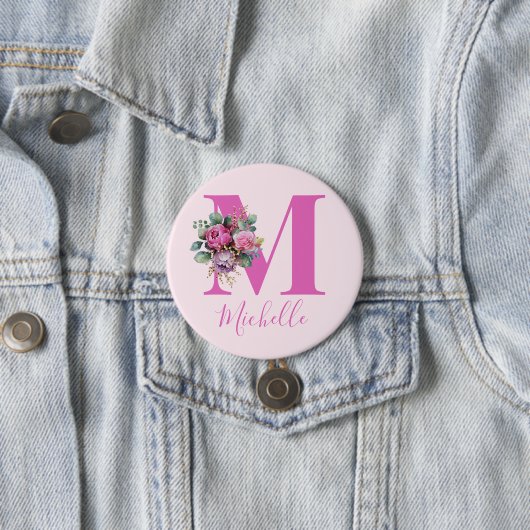 Badge Rond 7,6 Cm Monogramme Initial Nom Fleurs Aquarelle Rose (En situation)
