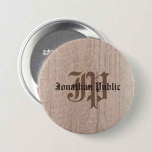 Badge Rond 7,6 Cm Monogramme Modèle Planche Bois Look Vieux Script (Devant & derrière)