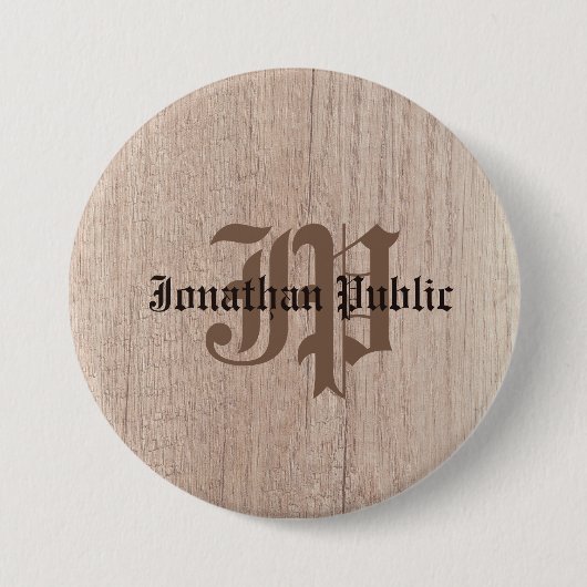 Badge Rond 7,6 Cm Monogramme Modèle Planche Bois Look Vieux Script (Devant)