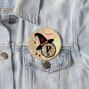 Badge Rond 7,6 Cm Monogramme P Halloween Sky Witch Spiders Nom Bouto