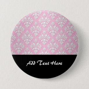Badge Rond 7,6 Cm Motif damassé floral rose et blanc