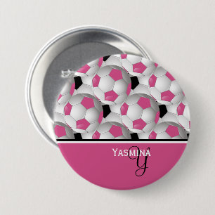 Badge Rond 7,6 Cm Motif de balle de soccer rose Monogram