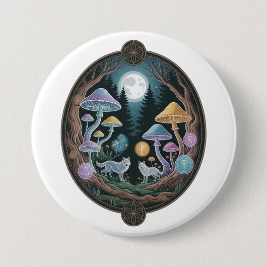 Badge Rond 7,6 Cm Mystical Moonlit Wolves in Enchanted Mushroom Fore (Devant)