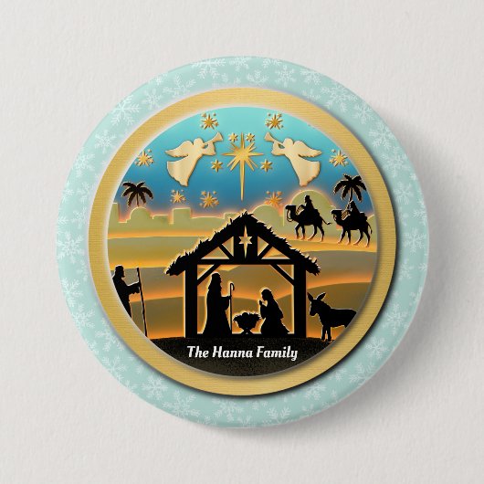 Badge Rond 7,6 Cm Nativité de Noël Bébé Jésus dans la scène Manger (Devant)