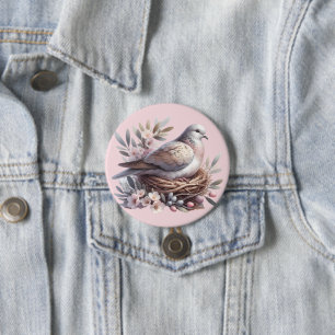 Badge Rond 7,6 Cm Nid de colombe rousse avec fleurs et branches d'ol