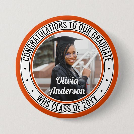 Badge Rond 7,6 Cm N'importe quel texte Graduation Photo Orange noir  (Devant)