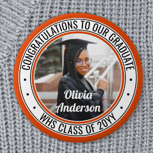 Badge Rond 7,6 Cm N'importe quel texte Graduation Photo Orange noir 