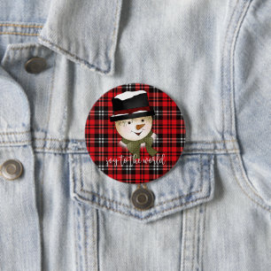 Badge Rond 7,6 Cm Noël Fêtes Rouge et Noir Tartan Snowman