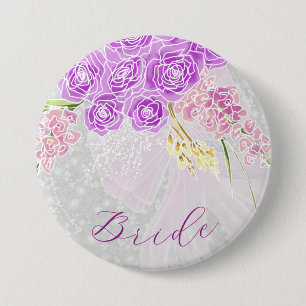 Badge Rond 7,6 Cm Nœud et fleur de mariée transparents rose coquette