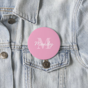 Badge Rond 7,6 Cm Nom cursif mignon et monogramme   Rose