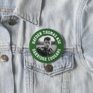 Badge Rond 7,6 Cm Nom de l'athlète blanc et vert Numéro Jersey Photo